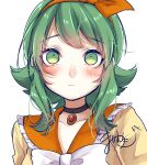  1girl absurdres alternate_costume blush bow bowtie choker closed_mouth frilled_sailor_collar frills green_hair gumi hair_bow highres looking_at_viewer mai_mugi orange_bow orange_sailor_collar sailor_collar shirt short_hair sidelocks signature simple_background solo vocaloid white_background white_bow white_bowtie yellow_shirt 