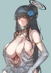  1girl bare_shoulders black_hair blue_archive blue_flower blush bow_(bhp) breasts cleavage closed_mouth detached_sleeves dress flower grey_background grey_dress grey_sleeves hair_flower hair_ornament halo large_breasts long_hair red_eyes rio_(blue_archive) simple_background solo upper_body 