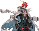  1boy abs belt black_gloves black_pants collar dog_tags gloves horns jacket killizark lack maglam_lord open_clothes open_jacket pants red_eyes red_hair single_horn solo torn_clothes white_jacket 