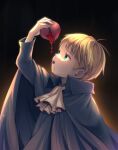  1boy arm_up ascot axis_powers_hetalia black_background black_cloak black_robe blonde_hair blue_eyes child cloak eating food food_on_clothes food_on_face from_side fruit glowing highres holding holding_food holding_fruit holy_roman_empire_(hetalia) long_sleeves looking_up male_focus open_mouth pomegranate robe shio_konbu_(syoko128) short_hair solo tongue tongue_out upper_body white_ascot 