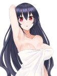  1girl arm_behind_head bare_arms bare_shoulders black_hair breasts collarbone hair_between_eyes highres large_breasts long_hair looking_at_viewer naked_towel neptune_(series) noire_(neptunia) open_mouth red_eyes simple_background solo towel very_long_hair wet wet_hair white_background zatsu 