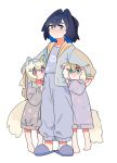  3girls aged_down alternate_costume animal_ear_fluff animal_ears barefoot black_hair blonde_hair blue_eyes blue_hair blue_hairband blue_jacket blue_pants blue_shirt blush closed_mouth colored_inner_hair commentary dog_ears dog_girl dog_tail dress feet fongban_illust fuwawa_abyssgard grey_dress hair_between_eyes hair_intakes hair_ornament hairband hairclip height_difference highres hololive hololive_english jacket long_hair long_sleeves looking_at_viewer mococo_abyssgard multicolored_hair multiple_girls open_clothes open_jacket ouro_kronii pajamas pants pink_eyes pink_hair purple_dress shirt short_hair simple_background sleepwear slippers standing streaked_hair symbol-only_commentary tail two-tone_hair virtual_youtuber white_background x_hair_ornament 