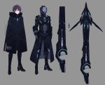  1boy black_cloak brown_hair character_sheet clenched_hands cloak closed_mouth green_eyes grey_background gun headwear_removed helmet helmet_removed jhcrow3 original simple_background solo standing weapon 