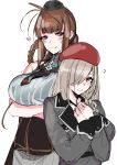  2girls ahoge braid braided_ponytail breasts brown_hair dsr-50_(girls_frontline) g36c_(girls_frontline) girls_frontline hair_over_one_eye hat heart highres iapoc large_breasts military military_hat military_jacket military_uniform multiple_girls red_eyes silver_hair uniform 