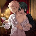  2boys alternate_costume black_hair black_shirt blood blood_on_face blue_eyes blush brown_eyes crying crying_with_eyes_open cup drinking_glass ensemble_stars! highres holding holding_cup itsuki_shu jewelry kagehira_mika long_sleeves male_focus multiple_boys open_clothes open_shirt pink_hair purple_eyes red_wine ring shirt short_bangs short_hair tears valkyrie_(ensemble_stars!) vampire vrmnyam white_shirt wine_glass yaoi 