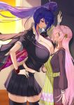  2girls absurdres apron blue_hair blush braid breast_press breasts cape character_request cleavage copyright_request curtains day eye_contact height_difference highres huge_breasts indoors kabedon kaoru1307 lips long_hair looking_at_another midriff multiple_girls navel open_mouth orange_eyes pink_hair purple_eyes school_uniform side_ponytail skirt smile thighhighs very_long_hair yuri zettai_ryouiki 
