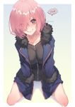  1girl alternate_costume blush border breasts cosplay fate/grand_order fate_(series) fur-trimmed_collar fur-trimmed_sleeves fur_trim hair_over_one_eye jeanne_d&#039;arc_(alter)_(fate) jeanne_d&#039;arc_(alter)_(fate)_(cosplay) jeanne_d&#039;arc_(fate)_(all) jjune kneeling looking_at_viewer mash_kyrielight outside_border purple_eyes short_hair smile solo spoken_blush sweat white_border zipper 