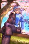  1girl absurdres artist_name blue_eyes blue_hair boots brown_bag brown_footwear cherry_blossoms chinese_clothes closed_mouth fu_hua fu_hua_(valkyrie_accipiter) glasses grass grey_hair hair_between_eyes highres honkai_(series) honkai_impact_3rd juliet_sleeves knee_up long_hair long_sleeves low-tied_long_hair low_ponytail martypcsr ponytail puffy_sleeves sitting smile solo 