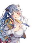  1girl alternate_costume azur_lane bag bangs blue_eyes blue_hair blush breasts buttons casual eyebrows_visible_through_hair heterochromia highres hood hoodie horn horns huge_breasts ibuki_(azur_lane) jewelry kyokko long_hair long_sleeves looking_at_viewer necklace open_mouth red_eyes ring shirt sidelocks simple_background sleeveless sleeveless_hoodie smile solo very_long_hair white_background white_shirt yellow_hoodie 