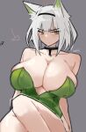  1girl alternate_breast_size animal_ear_fluff animal_ears arknights bare_shoulders black_choker blush breasts cat_ears cat_girl choker cleavage closed_mouth dress embarrassed green_dress green_eyes green_hair grey_background grey_hair highres huge_breasts kal&#039;tsit_(arknights) nuggetkouhai off-shoulder_dress off-shoulder_jacket off_shoulder scowl short_hair simple_background sitting solo thick_thighs thighs white_hair 