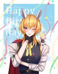  1boy absurdres animal_ears anthony_(doubutsu_no_mori) artist_name blonde_hair blue_eyes blush bow bowtie cape closed_eyes cloud dated doubutsu_no_mori furry gloves happy_birthday highres horse horse_ears humanization long_hair one_eye_closed personification petals sky solo sparkle yukinari_kyuxtu 