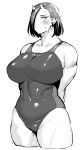  big_breasts blush breasts clothing elf-san_wa_yaserarenai. female hands_behind_back hi_res horn horned_humanoid humanoid monochrome muscular muscular_female oga-san one-piece_swimsuit solo swimwear synecdoche 