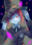  1girl brown_vest closed_mouth collared_shirt confetti danganronpa_(series) danganronpa_v3:_killing_harmony dress_shirt gem_hair_ornament green_headwear green_jacket hands_up hat highres jacket ne_(ne_on) open_clothes open_jacket pale_skin red_eyes shirt sideways_glance solo two-tone_shirt upper_body vest witch_hat yumeno_himiko 