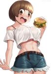  1girl :d alternate_costume artist_name belt belt_buckle blunt_bangs bob_cut bra_visible_through_clothes breasts brown_belt brown_eyes brown_hair buckle burger commentary_request cropped_shirt dated denim denim_shorts food food_bite highres holding holding_food kill_la_kill large_breasts mankanshoku_mako midriff nicomamu off-shoulder_shirt off_shoulder shirt shirt_overhang short_hair shorts smile solo spanish_commentary teeth upper_teeth_only white_background white_shirt 