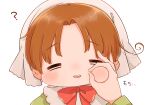  1boy =_= ? absurdres ahoge axis_powers_hetalia blush bow bowtie brown_hair cheek_bulge cheek_pinching chibitalia_(hetalia) child closed_eyes crossdressing facing_viewer head_scarf headdress highres long_sleeves male_focus no_nose northern_italy_(hetalia) ok_sign ok_sign_over_cheek out_of_frame pinching portrait pov pov_hands red_bow red_bowtie save_1075 simple_background solo_focus white_background white_headwear 