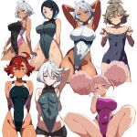  absurdres afro_puffs arms_behind_back arms_behind_head batta_16-sei black_hairband black_one-piece_swimsuit blue_eyes breasts chuatury_panlunch covered_navel cowboy_shot crotch felsi_rollo grey_eyes grey_hair gundam gundam_suisei_no_majo hair_between_eyes hair_tuft hairband highleg highleg_swimsuit highres large_breasts looking_at_viewer miorine_rembran multicolored_clothes multicolored_swimsuit multiple_girls nika_nanaura nipples one-piece_swimsuit pink_hair red_hair secelia_dote short_hair simple_background smile suletta_mercury swimsuit thick_eyebrows topknot two-tone_swimsuit white_background 