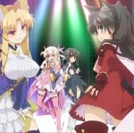  animal_ears bare_shoulders black_hair blonde_hair blue_eyes boots bow breasts brown_hair cape cat_ears cat_girl commentary_request detached_sleeves dress fake_animal_ears fate/kaleid_liner_prisma_illya fate_(series) feather_hair_ornament feathers gloves hair_between_eyes hair_ornament hand_on_own_thigh highres holding illyasviel_von_einzbern large_breasts long_hair looking_at_viewer luviagelita_edelfelt magical_girl magical_ruby magical_sapphire miyu_edelfelt multiple_girls no_nose open_mouth pink_dress pink_footwear pink_thighboots pink_thighhighs prisma_illya purple_sleeves red_dress red_eyes shoes sleeveless sleeveless_dress solo straight_hair thighhighs thighs tohsaka_rin white_gloves yellow_eyes zettai_ryouiki 