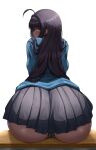  1girl absurdres ahoge ass ass_focus black_hair black_skirt blue_archive blue_sweater breasts cameltoe closed_mouth dark-skinned_female dark_skin from_behind highres huge_ass karin_(blue_archive) long_hair looking_at_viewer looking_back miniskirt on_table profile school_uniform sitting skirt sweater table tyrzul underwear yellow_eyes 