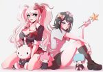  2girls bear_hair_ornament black_footwear black_shirt black_socks bow breasts candy candy_cane cleavage collarbone cosplay danganronpa:_trigger_happy_havoc danganronpa_(series) doll enoshima_junko enoshima_junko_(cosplay) food hair_bow hair_ornament hand_up hello_kitty_hair_ornament highres holding holding_wand ikusaba_mukuro knee_up large_breasts looking_at_viewer looking_to_the_side miniskirt multiple_girls necktie ori_(oriorichannn) pink_bow pleated_skirt red_bow red_skirt sanrio shirt short_hair short_sleeves siblings simple_background sisters skirt smile socks twintails wand white_background white_necktie 