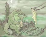 alligator alligatorid anthro belly clothed clothing crocodilian digital_media_(artwork) dnd5e dungeons_and_dragons green_body hasbro lavilovi lizardfolk_(dnd) lizardman male reptile scalie sewing sewing_needle slightly_chubby smile solo tail thick_thighs wizards_of_the_coast