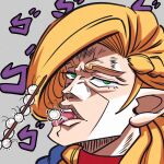  1girl blonde_hair braid bug centipede choker dungeon_meshi eating french_braid furrowed_brow green_eyes grey_background highres holding holding_skewer jojo_no_kimyou_na_bouken licking loen long_hair looking_at_viewer marcille_donato parody pointy_ears portrait rero_rero saliva scene_reference skewer solo style_parody tongue tongue_out trembling 