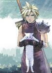  1boy animal armor belt blonde_hair blue_eyes buster_sword cat closed_mouth cloud_strife commentary_request final_fantasy final_fantasy_vii final_fantasy_vii_remake gloves holding holding_animal holding_cat male_focus multiple_belts outdoors shirt short_hair shoulder_armor sleeveless sleeveless_turtleneck spiked_hair stargeyser suspenders turtleneck twitter_username white_cat 