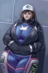  1girl against_wall alternate_breast_size alterxsu animal_print blue_bodysuit bodysuit breasts brown_eyes brown_hair cowboy_shot d.va_(overwatch) facepaint facial_mark grey_background hands_in_pockets headphones headphones_around_neck highres large_breasts looking_at_viewer overwatch parted_lips partially_unzipped rabbit_print shadow solo swept_bangs thick_thighs thighs whisker_markings 