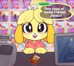  2020 accessory activision animal_crossing anthro blush canid canine canis clothing computer crossover dialogue domestic_dog doom_(series) doom_guy e621 eevee english_text esix female floppy_ears hair hair_accessory hi_res id_software isabelle_(animal_crossing) kirby kirby_(series) link looking_at_viewer mammal mascot moozua nintendo open_mouth open_smile pok&eacute;mon pok&eacute;mon_(species) shih_tzu smile solo speech_bubble spyro spyro_the_dragon text the_legend_of_zelda toy_dog video_games 