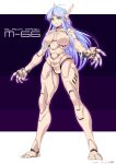  1girl ahoge android black_magic_m-66 blue_hair breasts claws copyright_name full_body green_eyes highres joints large_breasts long_hair looking_at_viewer m-66 michi_kuso robot_joints solo standing 