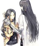  2girls acyantree black_choker black_hair black_shorts blood blood_on_face chinese_commentary choker coat commentary forehead fur-trimmed_coat fur_trim grey_eyes half_updo high-waist_shorts highres holding_another&#039;s_arm iron_(path_to_nowhere) lab_coat long_hair looking_at_another looking_at_viewer mechanical_arms multiple_girls napkin open_clothes open_coat pacassi_(path_to_nowhere) parted_bangs parted_lips path_to_nowhere prosthesis prosthetic_arm radiation_symbol red_lips shorts simple_background sleeves_rolled_up straight_hair upper_body white_background white_coat wiping_blood yellow_coat 