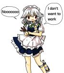  1girl apron blush bottle bow braid english_text food green_bow grey_hair hair_bow holding holding_bottle holding_food izayoi_sakuya kasuya_baian long_hair looking_at_viewer maid maid_apron maid_headdress open_mouth red_eyes short_sleeves simple_background solo speech_bubble tears touhou twin_braids waist_apron white_background zun_(style) 