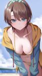  1girl absurdres aqua_hairband bikini blue_eyes blue_jacket blue_sky blurry blurry_background blush bow_hairband breasts brown_hair cleavage closed_mouth cloud cloudy_sky collarbone commentary_request hairband highres hololive hood hood_down hooded_jacket jacket leaning_forward looking_at_viewer medium_breasts mikaku navel official_alternate_costume oozora_subaru oozora_subaru_(hololive_summer_2019) open_clothes open_jacket parted_bangs polka_dot_hairband short_hair sky solo stomach striped_bikini striped_clothes swimsuit tomboy very_short_hair virtual_youtuber white_stripes yellow_bikini yellow_jacket 