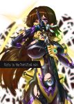  1girl absurdres black_bodysuit bodysuit breasts brown_hair hair_ribbon highres impossible_bodysuit impossible_clothes katana large_breasts long_hair muvluv muvluv_alternative muvluv_total_eclipse pilot_suit purple_eyes ribbon shiny shiny_clothes shiny_hair shiny_skin solo_focus standing sword takamura_yui torn_bodysuit torn_clothes weapon 