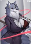 absurd_res anthro big_breasts bra breasts business_suit canid canine canis clothing eye_scar eyewear facial_scar female fur glasses grey_body grey_fur hi_res looking_at_viewer mammal neck_tuft red_eyes red_string_of_fate scar scarred_face silviaxrk solo suit tuft underwear wolf