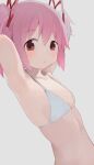  1girl arms_up blush bra breasts collarbone commentary hair_between_eyes hair_ribbon highres hiroki_(yyqw7151) kaname_madoka linea_alba looking_at_viewer mahou_shoujo_madoka_magica mahou_shoujo_madoka_magica_(anime) pink_eyes pink_hair pink_ribbon ribbon simple_background small_breasts solo twintails underwear white_background white_bra 