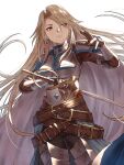  1girl armor armored_boots belt belt_buckle boots breastplate brown_belt brown_eyes brown_hair buckle fagi_(kakikaki) gauntlets gloves granblue_fantasy highres holding holding_sword holding_weapon katalina_(granblue_fantasy) long_hair long_sleeves shoulder_armor simple_background smile solo standing sword weapon white_background 