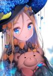  1girl abigail_williams_(fate/grand_order) animal bangs black_bow black_dress black_headwear blonde_hair blue_eyes blue_flower blurry blurry_background bow bug butterfly commentary_request depth_of_field dress fate/grand_order fate_(series) flower hair_between_eyes hair_bow hat hat_flower heart heart_in_eye insect lokyin_house long_hair long_sleeves looking_at_viewer object_hug orange_bow parted_bangs parted_lips polka_dot polka_dot_bow sleeves_past_fingers sleeves_past_wrists solo stuffed_animal stuffed_toy symbol_in_eye teddy_bear upper_body very_long_hair 