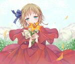  1girl aqua_eyes ascot axis_powers_hetalia blue_bow blue_eyes blush bow brown_hair capelet closed_mouth cowboy_shot day dress falling_petals field floating_clothes flower flower_field hair_bow hands_up holding holding_flower liechtenstein_(hetalia) motion_blur nature orange_flower petals red_capelet red_dress shio_konbu_(syoko128) short_hair solo white_ascot wind 