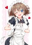  1girl absurdres alternate_costume apron black_dress blue_eyes brown_eyes commentary_request dress enmaided flipped_hair frilled_apron frilled_dress frills gloves heart heart_hands hiei_(kancolle) highres kantai_collection maid maid_headdress oohashi_yanta open_mouth round_teeth smile solo teeth upper_teeth_only white_apron white_gloves 