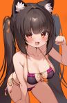  1girl :3 absurdres animal_ears armpit_crease bare_arms bare_shoulders bikini black_bikini black_hair blunt_bangs blush breasts brown_eyes cat_ears cat_girl chocola_(nekopara) fang frilled_bikini frills front-tie_bikini_top front-tie_top hair_ribbon halterneck hand_up highres kaptivate large_breasts leaning_forward long_hair looking_at_viewer nekopara open_mouth orange_background orange_ribbon paid_reward_available paw_pose ribbon side-tie_bikini_bottom simple_background slit_pupils smile solo string_bikini swimsuit twintails very_long_hair 