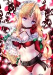  1girl animal animal_ear_fluff animal_ears bangs belt belt_buckle bikini black_belt blonde_hair blue_eyes blurry blurry_background blush breasts buckle chain cleavage closed_mouth commentary_request depth_of_field elbow_gloves fenrir_knight fur-trimmed_bikini fur_trim gloves hand_up highres horn long_hair medium_breasts nanase_nao navel parted_bangs red_bikini red_gloves riesz seiken_densetsu seiken_densetsu_3 side-tie_bikini smile solo swimsuit very_long_hair wolf 