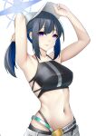  1girl absurdres arknights armpits arms_up bare_arms bare_shoulders baseball_cap belt bikini black_bikini blue_archive blue_hair breasts casperrin ch&#039;en_(arknights) ch&#039;en_(arknights)_(cosplay) commentary_request cosplay hat highres ishigami_shizuka large_breasts long_hair navel purple_eyes saori_(blue_archive) solo stomach swimsuit upper_body voice_actor_connection white_headwear 