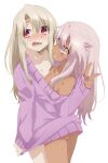 2girls ass bare_shoulders blonde_hair blush breasts chloe_von_einzbern collarbone commentary_request dark-skinned_female dark_skin dot_nose embarrassed fate/kaleid_liner_prisma_illya fate_(series) flat_chest grin hair_between_eyes hair_over_breasts illyasviel_von_einzbern long_hair long_sleeves looking_at_viewer multiple_girls naked_sweater nude off_shoulder official_art open_mouth pink_hair red_eyes simple_background small_breasts smile standing sweater teeth v wavy_mouth white_background yellow_eyes yuri 