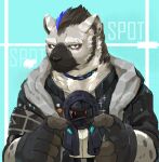  1boy 1other absurdres arknights black_jacket character_name chinese_commentary claws commentary doctor_(arknights) ear_piercing eyebrow_piercing fingerless_gloves furry furry_male gloves highres holding holding_toy hood hooded_jacket hyena_boy hyena_ears infection_monitor_(arknights) jacket looking_at_viewer male_focus mowang_yu multicolored_hair pawpads piercing spot_(arknights) streaked_hair toy upper_body 