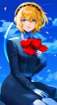  1girl aegis_(persona) android black_skirt blonde_hair blue_eyes blue_sky bow chomin cloud commentary_request eyelashes headphones highres korean_commentary parted_lips pencil_skirt persona persona_3 persona_3_reload pink_lips red_bow short_hair sitting skirt sky smile solo 