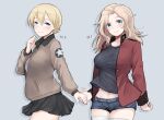  2girls absurdres alternate_costume black_shirt black_skirt blonde_hair blue_background blue_eyes blue_shorts blush braid breasts closed_mouth darjeeling_(girls_und_panzer) french_braid girls_und_panzer heart highres holding_hands kay_(girls_und_panzer) large_breasts long_hair looking_at_viewer m1saki_1 military_uniform miniskirt multiple_girls navel saunders_military_uniform shirt short_shorts shorts simple_background skirt smile st._gloriana&#039;s_military_uniform thighhighs uniform white_shirt white_thighhighs yuri 