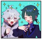  2boys :d ahoge aqua_background bandaged_arm bandages black_gloves blue_bow blue_bowtie blue_eyes blue_hair blue_jacket blush border bow bowtie bright_pupils brooch chongyun_(genshin_impact) clenched_hand closed_eyes fingerless_gloves flying_sweatdrops genshin_impact gloves hair_between_eyes hand_up hood hood_down hoodie jacket jewelry long_sleeves looking_at_another low_ponytail male_focus multiple_boys nploser official_alternate_costume open_mouth parted_bangs ponytail puffy_long_sleeves puffy_sleeves short_hair short_ponytail sidelocks simple_background smile sparkle upper_body v-shaped_eyebrows white_border white_hoodie white_pupils xingqiu_(bamboo_rain)_(genshin_impact) xingqiu_(genshin_impact) 
