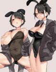  1girl aged_up animal_ears bags_under_eyes between_breasts black_eyes black_hair black_leotard black_necktie breasts cameltoe detached_collar fake_animal_ears fang grabbing_own_breast grey_background grey_jacket grey_socks hair_over_one_eye half-closed_eyes hands_in_pockets highleg highleg_leotard hood hooded_jacket jacket large_breasts leotard miyamae_(miyazen9311) necktie necktie_between_breasts one_breast_out open_mouth original playboy_bunny rabbit_ears short_hair short_haired_girl_(miyazen) simple_background skin_fang socks solo squatting strapless strapless_leotard 
