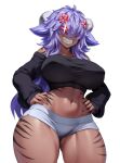  1girl absurdres animal_ears black_shirt body_markings breasts cowboy_shot crop_top dark-skinned_female dark_skin flower gad_the_god grey_horns hair_flower hair_ornament hair_over_eyes hands_on_own_hips highres horns large_breasts long_hair midriff navel original pink_flower purple_hair sharp_teeth shirt short_shorts shorts solo taut_clothes taut_shirt teeth thighs white_shorts 