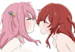  2girls blush bocchi_the_rock! closed_eyes commentary_request cube_hair_ornament from_side gotoh_hitori hair_ornament highres implied_sex kita_ikuyo long_hair multiple_girls nude one_side_up open_mouth pink_hair profile red_hair simple_background sketch sweat ukitaryu upper_body white_background 